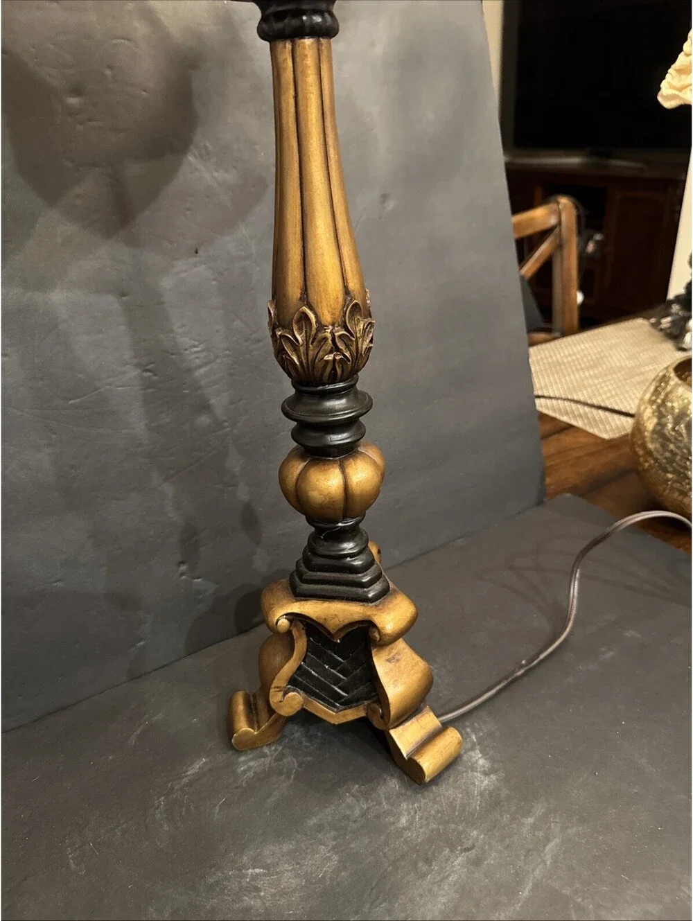 Vintage ACook 30” Ornate Candlestick Lamp Tall Black & Gold Resin Shade W Flaws